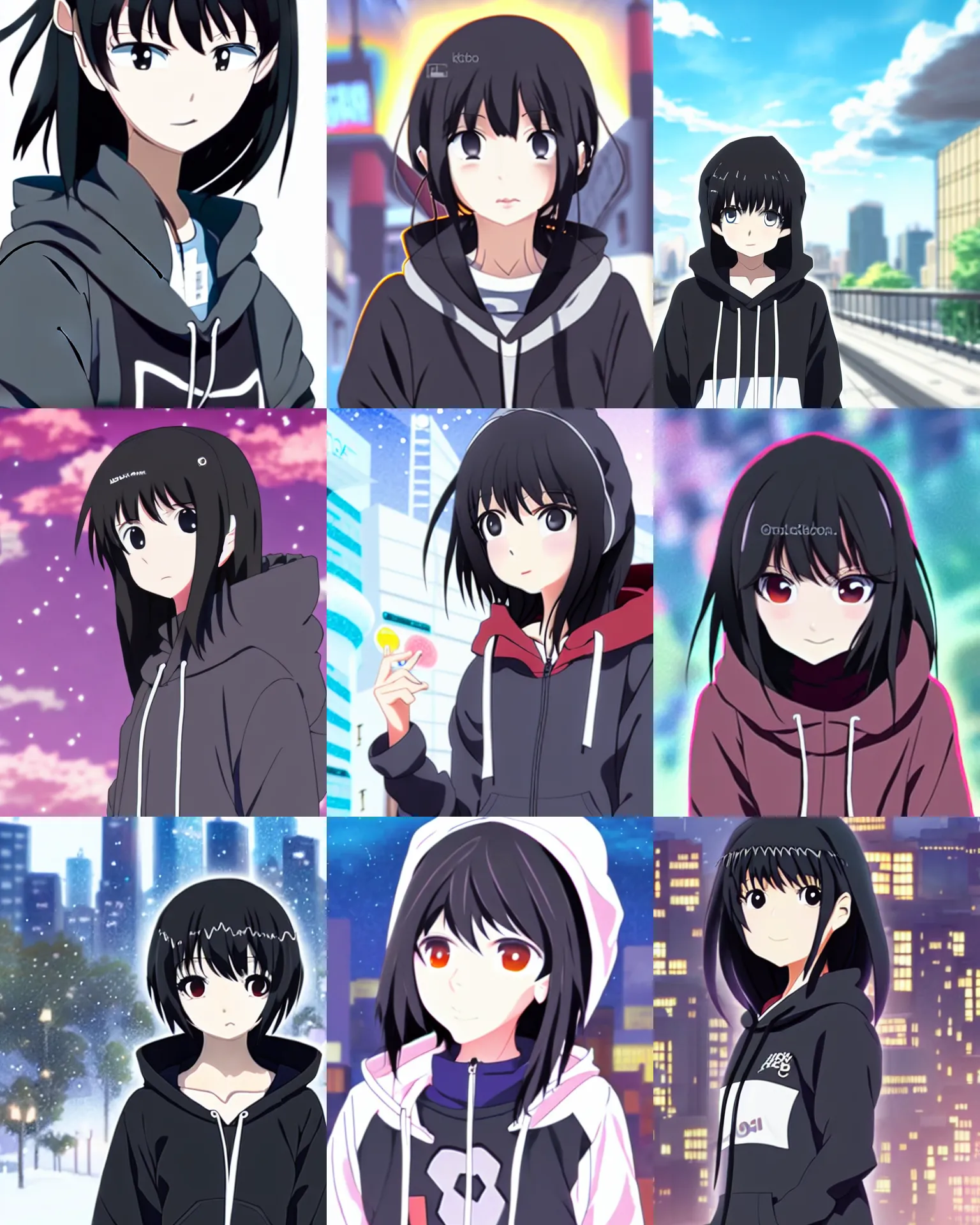 Prompt: black haired girl wearing hoodie, city, anime key visual, dogakobo