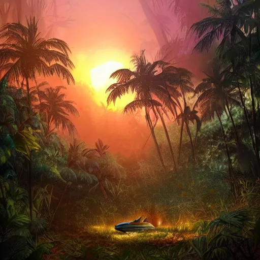 Prompt: a crashed plane in a jungle!, mist, tropical trees, vines, birds, sunset!, fluffy clouds, warm colors, beautiful lighting, digital art, intricate details, trending on artstation