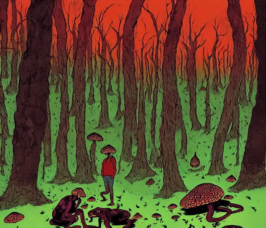 Image similar to todd solondz tripping on mushrooms in the forest, india demon | vivid colors : storyboard, realistic. by gabriel hardman, joe alves, j. todd anderson, chris bonura. cinematic atmosphere, detailed and intricate, perfect anatomy