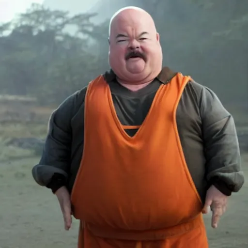 Prompt: movie still of kyle gass starring as krillin in the 2 0 2 8 live action dragon ball z movie