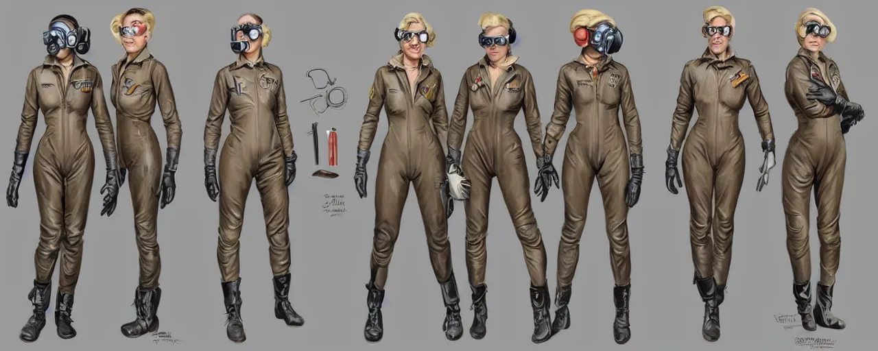 Prompt: character design, reference sheet, 50's space explorer, butch blonde tomboy woman with very short slicked-back hair, muscular, tattooed, optimistic, stained dirty flight suit, steampunk goggles, work gloves, concept art, photorealistic, hyperdetailed, 3d rendering! , art by Leyendecker! and constable, pulp science fiction