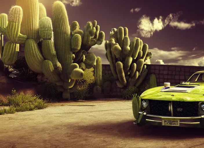 Image similar to hd wallpaper of a car made out of cactus, octane render, 8 k, hyperrealistic, unreal 5, intricate detail, cinematic, studio lighting, concept art, trending on artstation