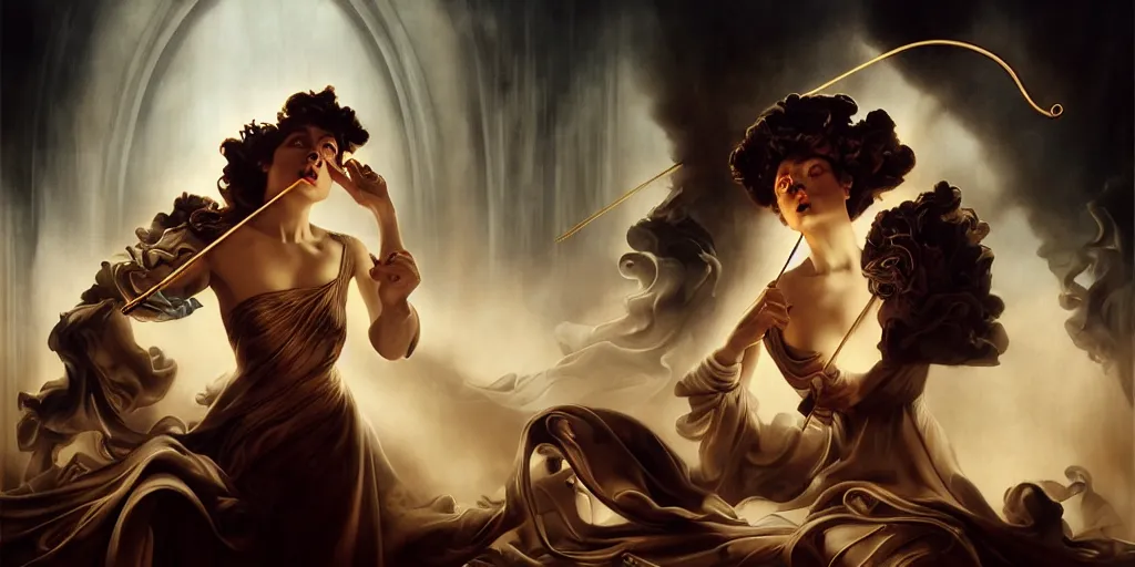 Image similar to a conductor conducting an orchestra, by Rolf Armstrong and Evelyn De Morgan and Bastien Lecouffe-Deharme, dramatic lighting, high contrast colors, baroque, empyrean, panoramic view, as trending on Artstation, highly detailed, doom engine,