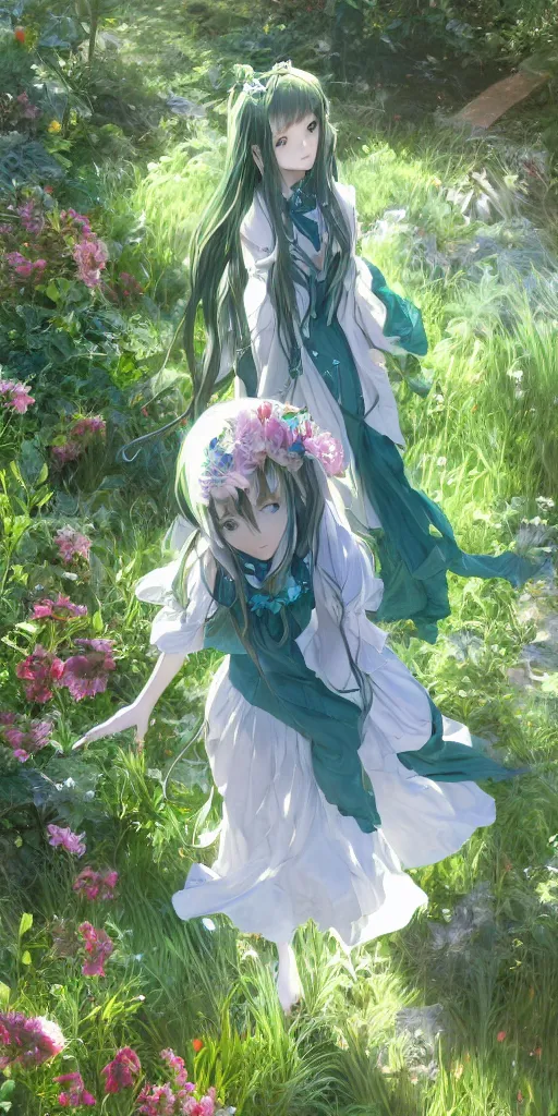 Prompt: a digital art of loli with long hair in a dress in the privet garden at after noon, green and warm theme, blue accents, low angle, back lighting, highly detailed, 4 k resolution, trending on art station, by krenz cushart and mucha and akihito yoshida and greg rutkowski and