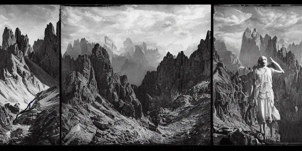 Image similar to 1920s photography of the king god of the dolomites, occult signs, witch burning, pyre, solstice fire, alp, dolomites, alpine, detailed intricate insanely detailed octane render, 8k artistic 1920s photography, photorealistic, black and white, chiaroscuro, hd, by David Cronenberg, Raphael, Caravaggio
