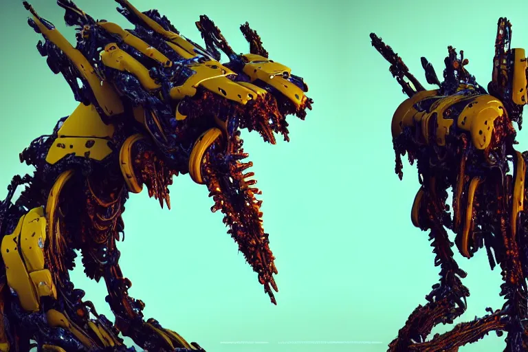 Image similar to portrait of a posed hyper detailed yellow scrounger evangelion realistic mechanical and fleshy organic creature similar look as horizon forbidden west horizon zero dawn bioluminiscence in a dark deep forest at dawn in spring, with reflection and textures, by kilian eng, substance painter reaslitic mech surface metal painted scratches