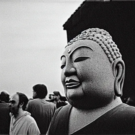 Image similar to frowning buddah at a 1988 grateful dead concert, hyperrealism candid 35mm grainy film photography