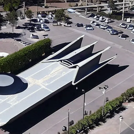 Prompt: an alien spacecraft landing in the parking lot at facebook headquarters to pick up mark zuckerberg