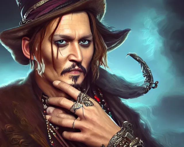 Prompt: photography of johnny depp, deep focus, d & d, fantasy, intricate, elegant, highly detailed, digital painting, artstation, concept art, matte, sharp focus, illustration, hearthstone,