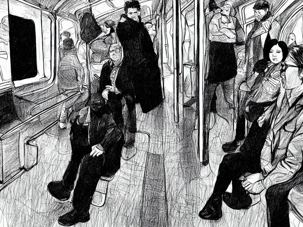 Image similar to a pen and ink drawing by Jaime Hernandez, a low angle medium shot of two people sitting in an empty Chicago subway train, in front of windows: a sad Aubrey Plaza wearing a winter coat and a man who looks like a mix of (Louis CK and Philip Seymour Hoffman) in a suit