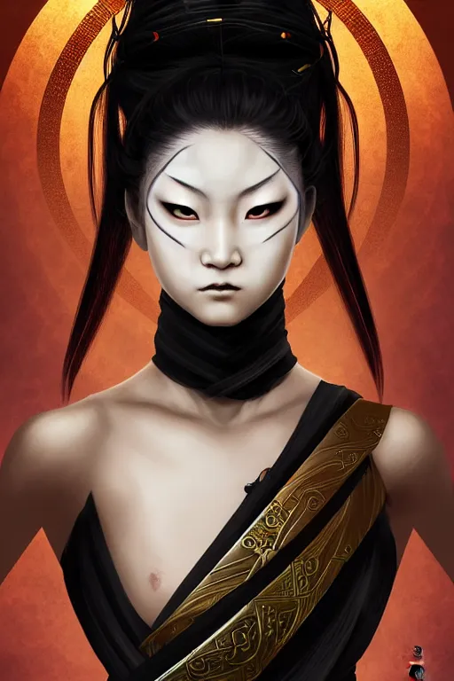 Image similar to beautiful ultradetailed young female ninja portrait, wearing mask of Ninja, black magic and mystery and evil and stunning, reference from video game Far East of Eden+smoky eyes+light flowing hair, ssci-fi, fantasy, in mudra and firefly night ruin tokyo temple, ultradetail face, art and illustration by craig mullins and tian zi and WLOP and alphonse mucha, human structure, intricate complexity, fantasy world concept, watermark, blurry, hyperrealism 8k