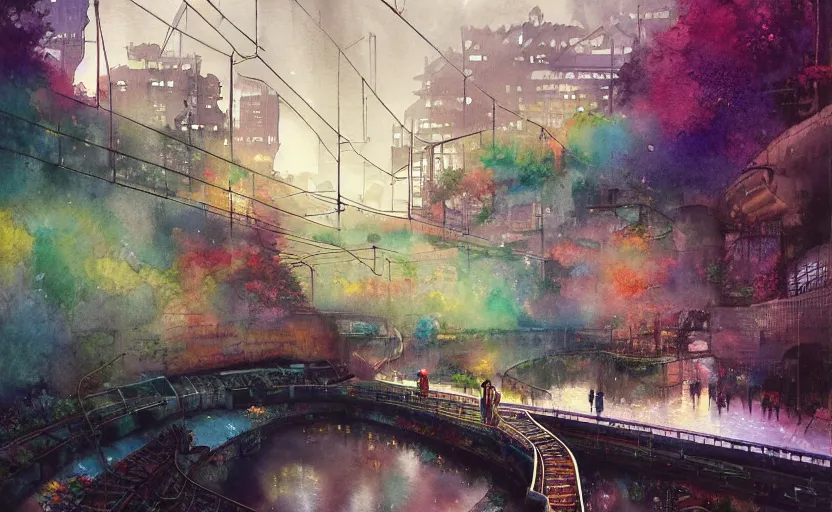 Image similar to an urban train rides inside of a waterway on a fantasy city. intricate, amazing composition, colorful watercolor, by ruan jia, by maxfield parrish, by marc simonetti, by hikari shimoda, by robert hubert, by zhang kechun, illustration, gloomy