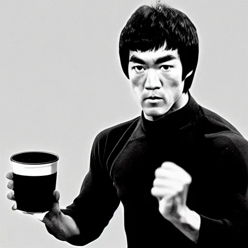 Image similar to 8 k portrait photograph of bruce lee standing in front of a wafflehouse