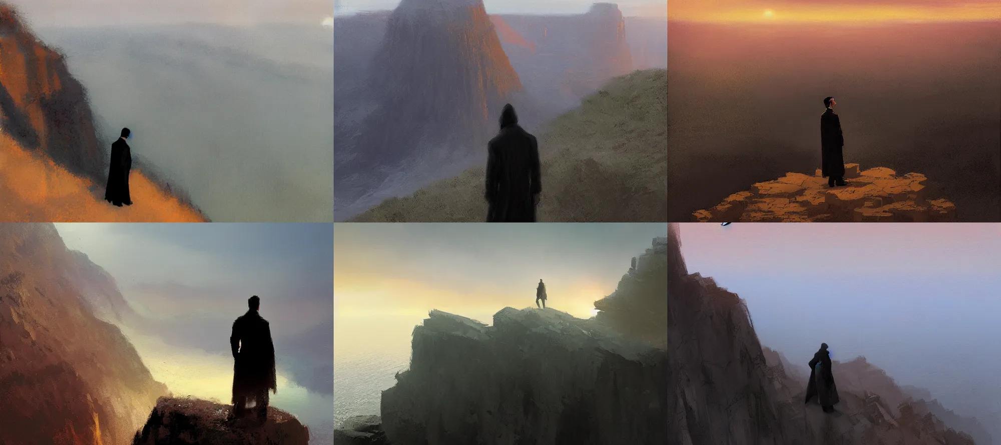 Prompt: a man wearing a long black coat standing on the edge of a cliff, dusk, art by Craig Mullins