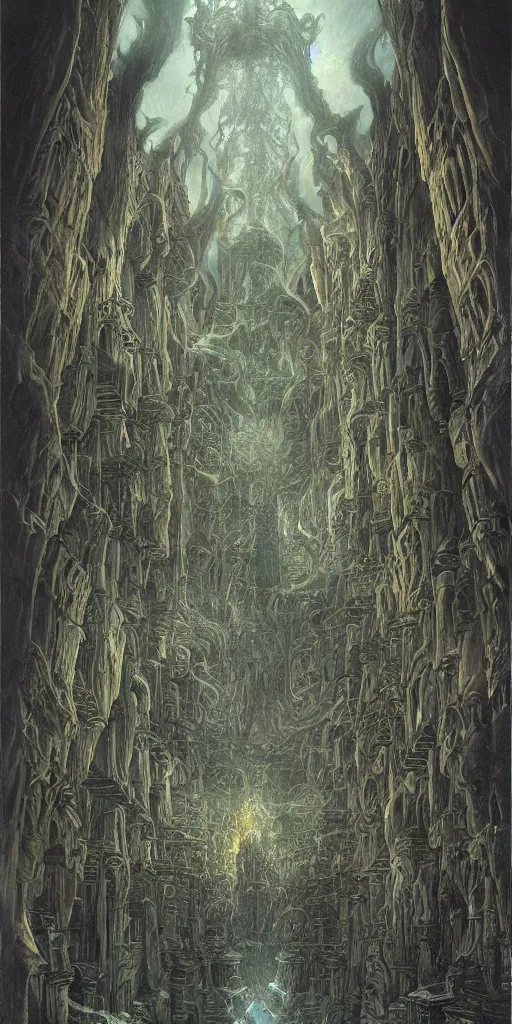 Image similar to Artwork by John Howe of the cinematic view of the Great Sanctum of Annihilation.