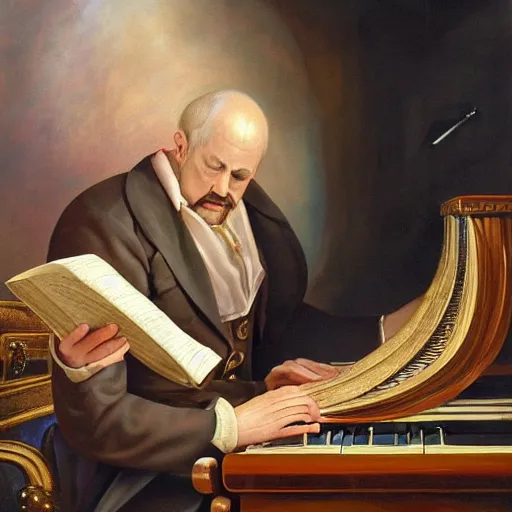 Prompt: a realistic baroque painting of a magician playing piano, realistic and detailled, surrealism.