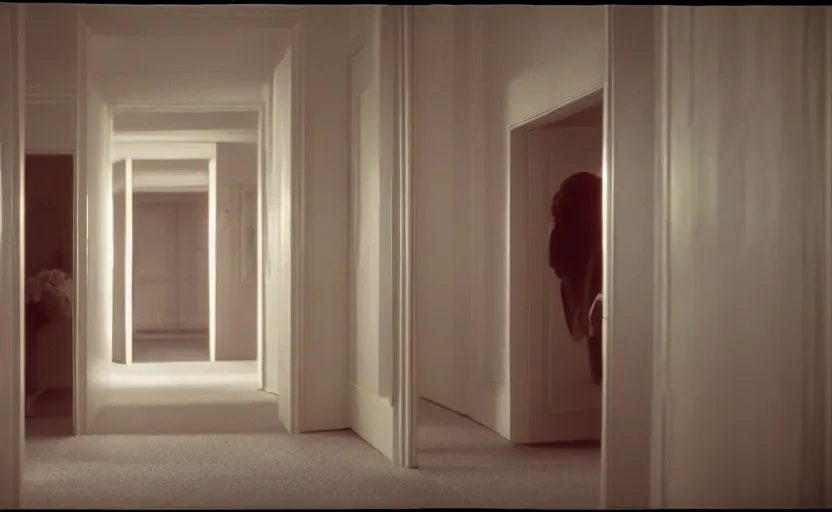 Image similar to White Backrooms in the shining by stanley kubrick, shot by 35mm film color photography