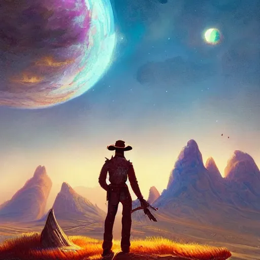 Image similar to No man's sky Gunslinger cowboy colorful, fantasy, intricate, highly detailed, digital painting, HQ, trending on artstation, illustration, style of Stanley Artgerm and Greg Rutkowski and Dan Mumford