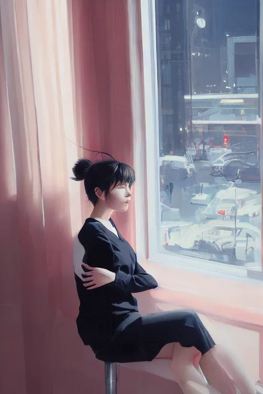 Image similar to A ultradetailed beautiful panting of a stylish woman sitting next to a window, she is wearing streetwear, Oil painting, by Ilya Kuvshinov, Greg Rutkowski and Makoto Shinkai