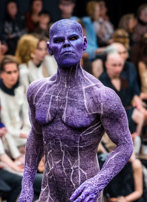 Image similar to hyperrealistic and heavy detailed off white avant garde runway show of thanos ( marvel comics ), leica sl 2 5 0 mm, vivid color, high quality, high textured, real life