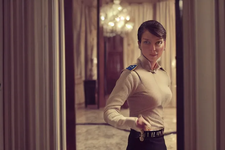 Image similar to cinematography closeup of a beautiful woman cop talking to her shoulder radio in an decadent mansion foyer by Emmanuel Lubezki