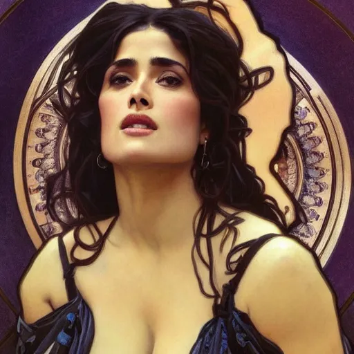 Image similar to salma hayek medium shot portrait by alphonse mucha, playful, fantasy, medieval, beautiful face, perfect detailed eyes, vivid colrs, elegant, sharp focus, hyper - realistic, 4 k, unreal engine, highly detailed, hd, dramatic lighting by brom, trending on artstation