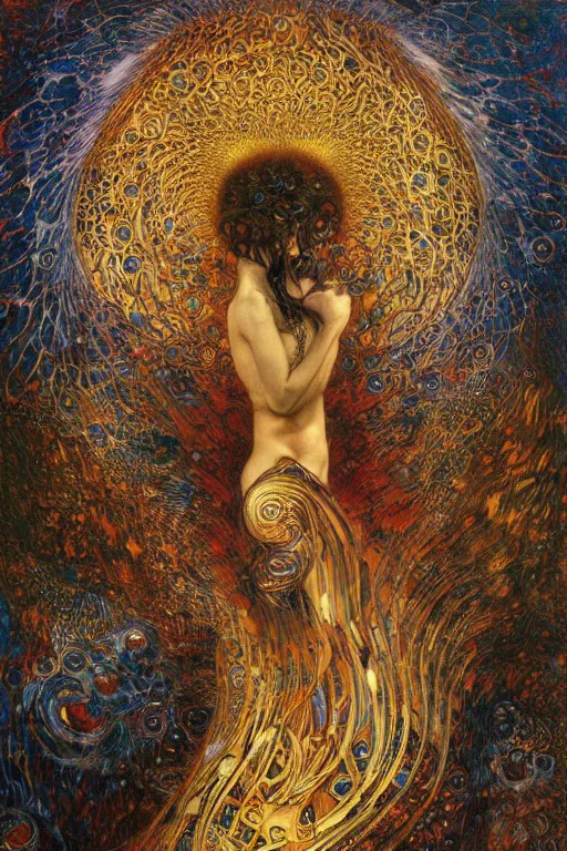 Image similar to Divine Chaos Engine by Karol Bak, Jean Deville, Gustav Klimt, and Vincent Van Gogh, visionary fractal structures, spirals