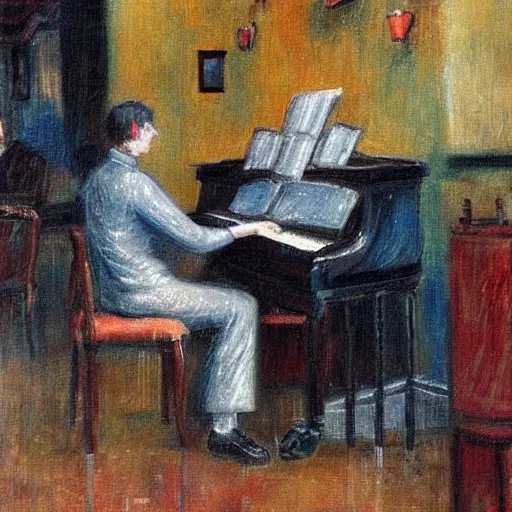 Prompt: a person playing the piano in a cafe on a rainy day, impressionist art