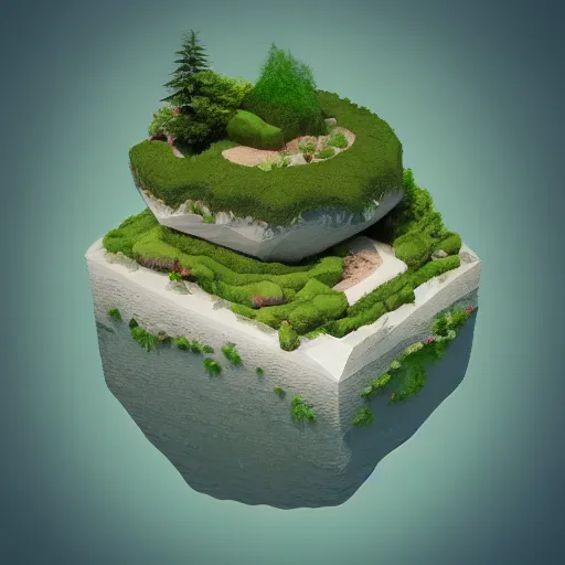 Image similar to a floating island on an aquatic environment isometric art, lago di sorapis landscape, low poly art, game art, artstation, 3D render, high detail, cgsociety, octane render