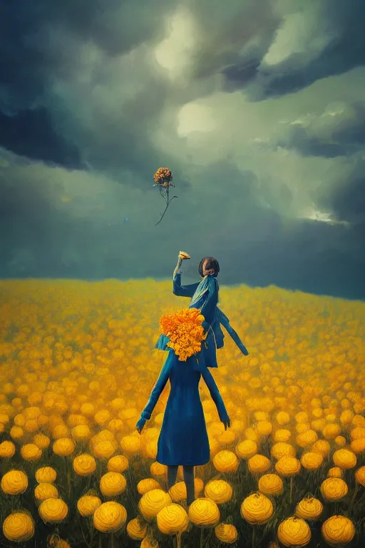 Image similar to closeup girl with huge yellow dahlia flower face, intricate, standing on mountain, surreal photography, blue storm clouds, dramatic light, impressionist painting, digital painting, artstation, simon stalenhag