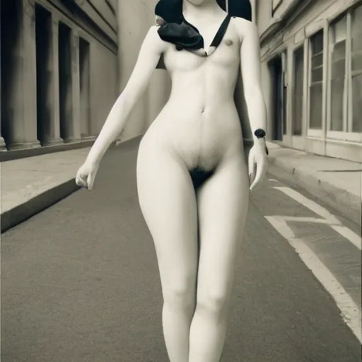 Image similar to stoya realistic expired kodak film full body portrait of an woman in street with suit on, hyperrealism, hypermaxiymalism, photorealistic, detailed, atmospheric, 8 k, award winning photography, cinematic