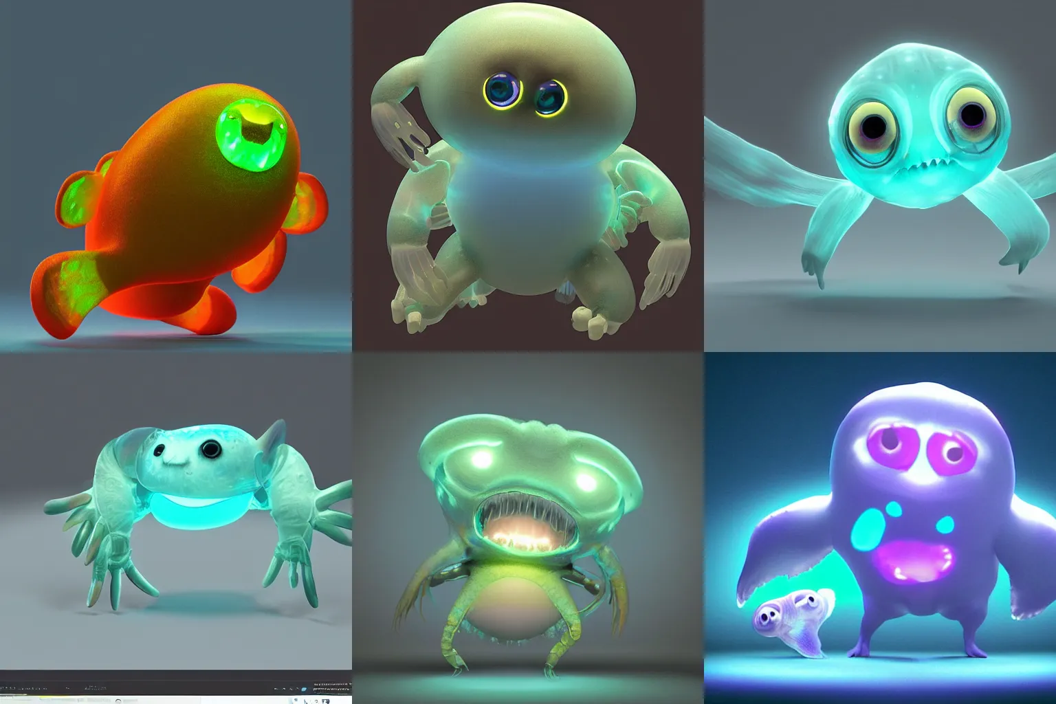 Prompt: cute! bioluminescent translucent c4d, SSS, unreal engine, pixar, Barreleye fish, rimlight, jelly fish dancing, fighting, bioluminescent screaming pictoplasma characterdesign toydesign toy monster creature, ghost shrimp, zbrush, octane, hardsurface modelling, artstation, cg society, by greg rutkowksi, by Eddie Mendoza, by Peter mohrbacher, by tooth wu