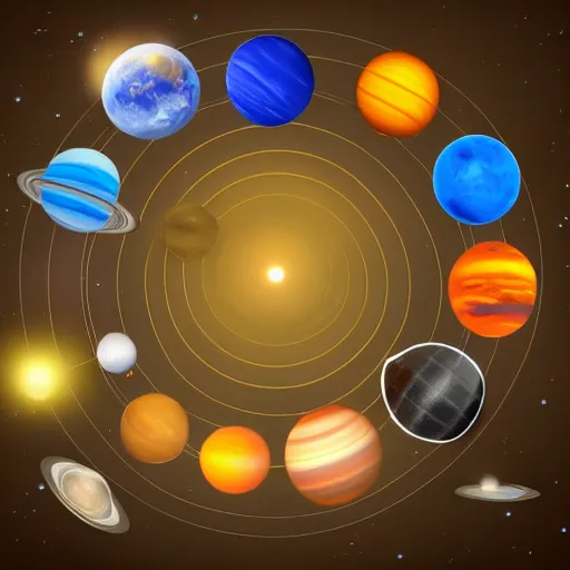 Prompt: cinematic system solar made of flat planets perfect drawing all planets in orbits, digital science drawing