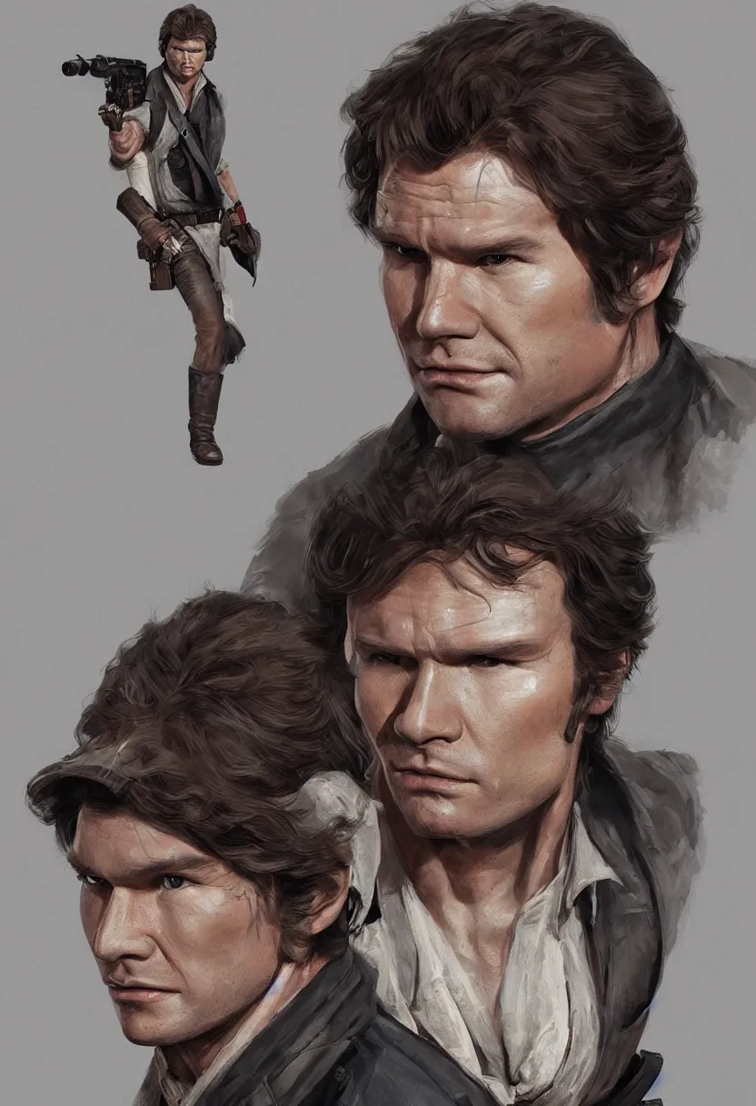 Prompt: han solo as a samurai cowboy by bryan matyas, portrait, profile posing, perfect anatomy, hyper photorealistic, digital photography, artstation, concept art