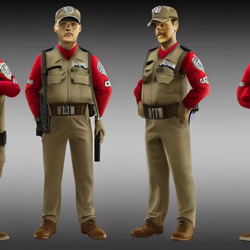Image similar to ( ( beige ) ) uniform and caps zombie security officers glowing red trending on artstation very high detail