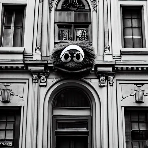 Image similar to street photography picture of a muppet kermit the frog laying in the doorway of an oppressive building. fugifilm 4 k close focus. distopia sad