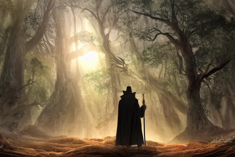 Prompt: ancient wizard walking through the forest as a dark figure looking up a tree during a beautiful sunset, jungle mountains in the background with huge incredibly immense trees, highly detailed, gandalf hyperrealism high detailed figure, trending on art station, flying birds in the distance, ancient forest like fanal forest or fangorn forest, misty forest, realistic painting, sharp image, jurassic image, hyper realistic art, highly detailed leaves, cinematic