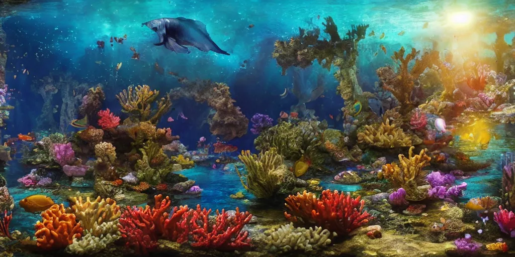 Image similar to beautiful underwater scene. an ancient ship sunk in the abyss very shiny water. colorful fish. seahorse. goldfish. coral, water flowers. beautiful lighting, 4 k post - processing, highly detailed, 5 k extremely detailed, 3 d. sun is highlighting the bubbles. render in octane and cryengine. painterly detailed matte painting, by albert bierstadt