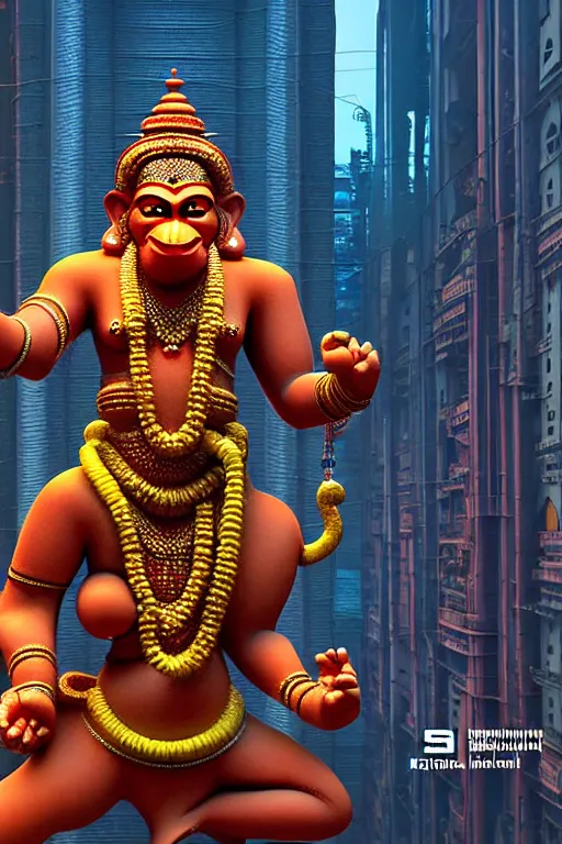 Image similar to high quality 3 d cyberpunk biomorphic hanuman! head building in the middle of mumbai!!, kalighat highly detailed, cinematic smooth, stephen shore & john j. park, soft morning light, wide shot, high angle, uhd 8 k, sharp focus