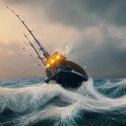 Prompt: a small fishing boat on the ocean being tossed around in heavily crashing waves, dusk, rule of thirds, rendered in octane, Corona, vray and Arnold, insanely detailed, photorealistic, cinematic, global illumination, no grain —w 2048