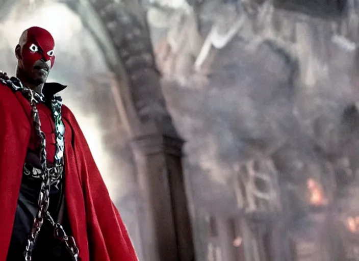 Image similar to film still of jamie foxx as spawn in the new spawn movie, giant chains, large cape, 8 k