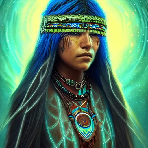 Image similar to : native female shaman, fantasy magic, femine energy, intricate, sharp focus, illustration, highly detailed, digital painting, concept art, matte, jahbu art, taino, cosmic, cosmos