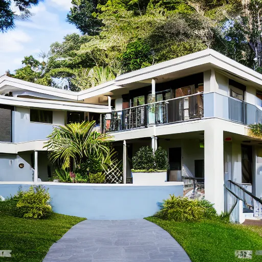 Prompt: 2000sf two level house, wrap around balconies and porches, gray white light blue exterior, large stones in front yard, in a tropical rainforest, photorealistic,8k, XF IQ4, 150MP, 50mm, F1.4, ISO 200, 1/160s, natural light