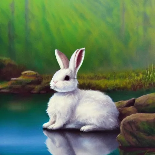 Image similar to bunny rabbit with ears perked up in the middle of a lake sitting on a rock surrounded by a lush green forest, oil painting, award winning, 4k, high quality, detailed