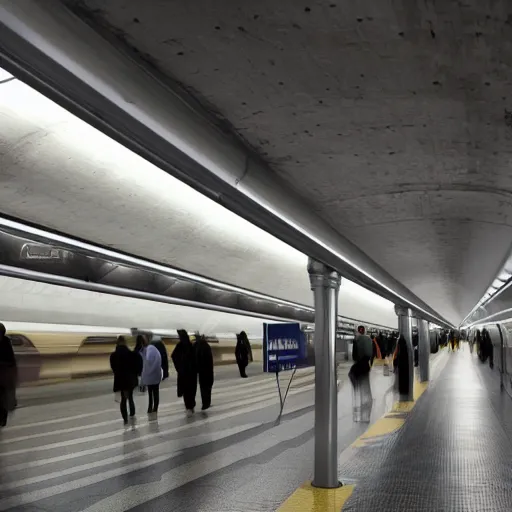 Prompt: an underground New York City subway station platform designed by Zaha Hadid