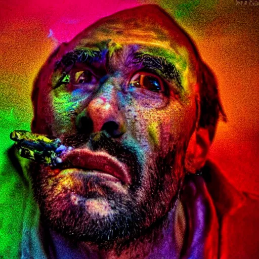 Prompt: man smoking crack, eyes wide open, deep friends image, highly saturated, extreme detail,