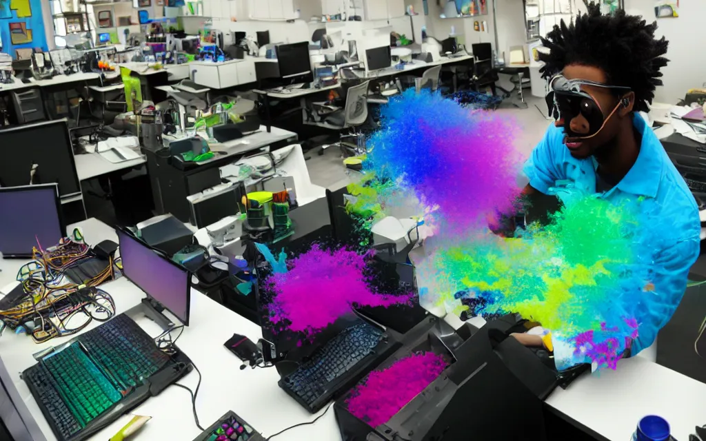 Prompt: a mad - scientist of color, mixing new colors with magical spells in his computer lab, extreme detail photorealistic