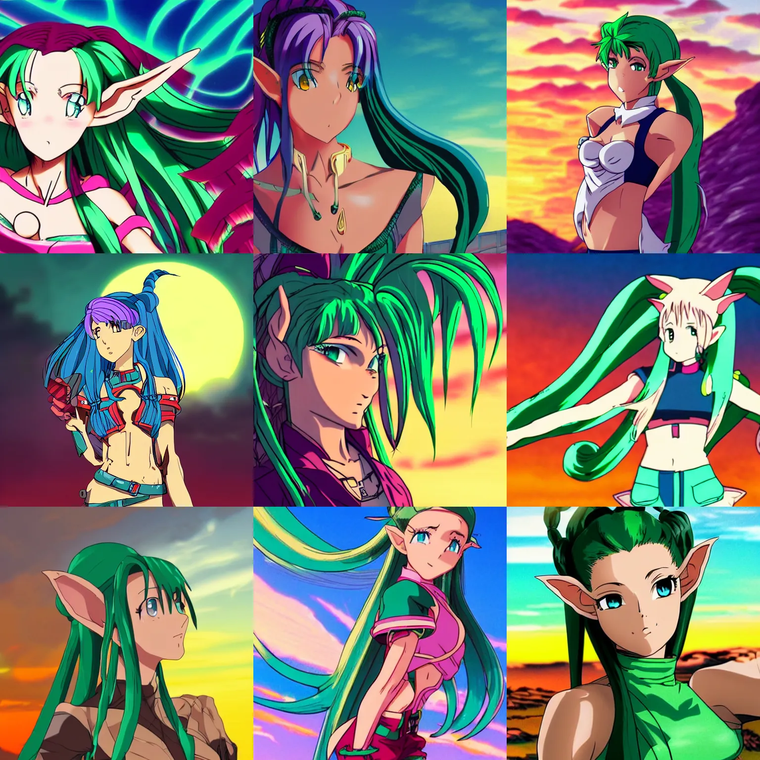 Prompt: beautiful elf girl with braided green hair posing with a sunset background, middle distance, 9 0 s anime in the style of bubblegum crisis