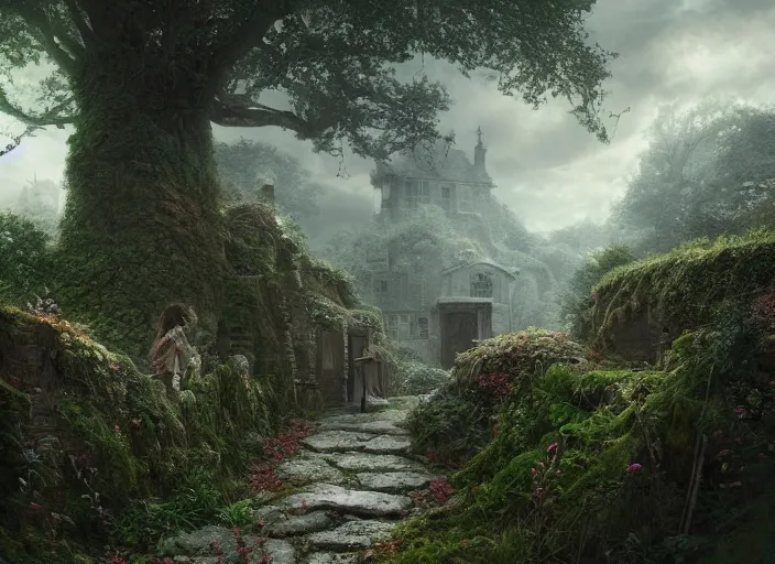 Image similar to secret garden, stone pathway, dwell, dark, scary, in the style of pan's labyrinth movie, hyperrealistic, coherent composition, concept art, matte painting, artstation, caspar friedrich, wlop