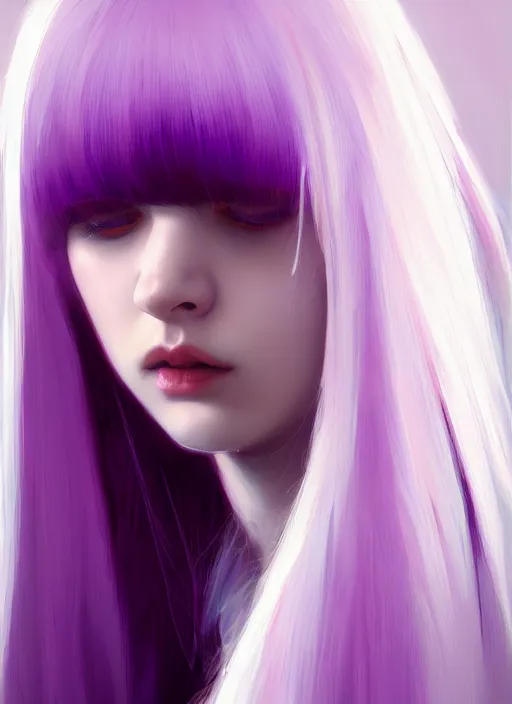 Image similar to hair whitebangs hair, black hair, whitebangs, portrait of teenage girl with white bangs, red irises, purple clothes, white bangs, bangs are different color from hair, intricate, elegant, glowing lights, highly detailed, digital painting, artstation, concept art, smooth, sharp focus, illustration, art by wlop, mars ravelo and greg rutkowski